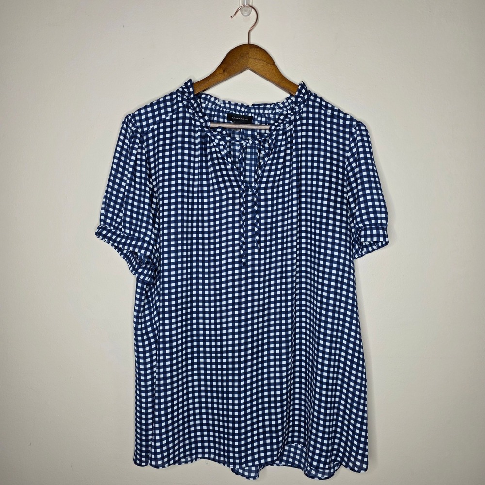 Tamara H. Blouse Womens 2X Blue Gingham Ruffle Tie Neck Top Summer Preppy